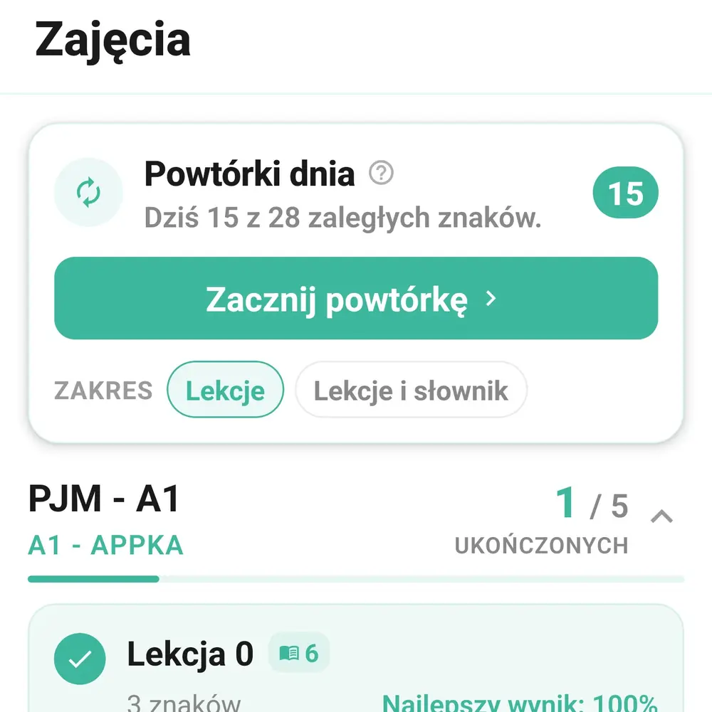 Karta Powtórki dnia w aplikacji Migamy z licznikiem zaległych znaków i przyciskiem Zacznij powtórkę